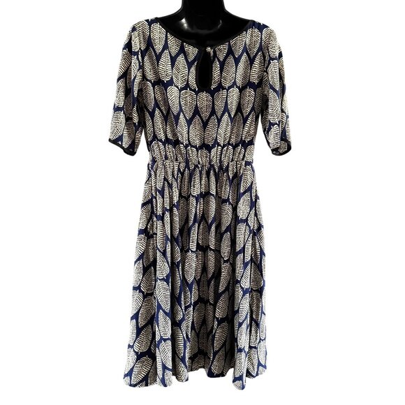 eShakti Dress M10 Navy White Leaf Print Midi V-Neckline & Short Sleeves - Picture 2 of 7